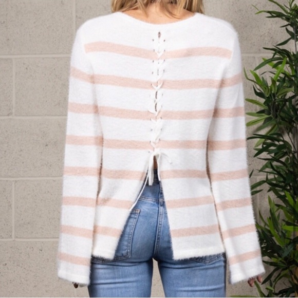 LAST ONE: Women’s dreamy soft white blush striped lace back split sweater - Picture 2 of 2